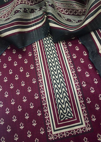 3 Piece Printed Maroon Color Unstitched Suit