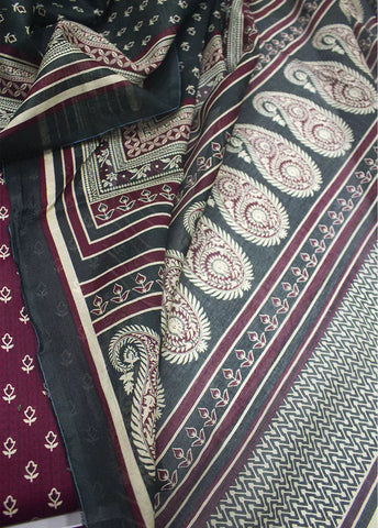 3 Piece Printed Maroon Color Unstitched Suit
