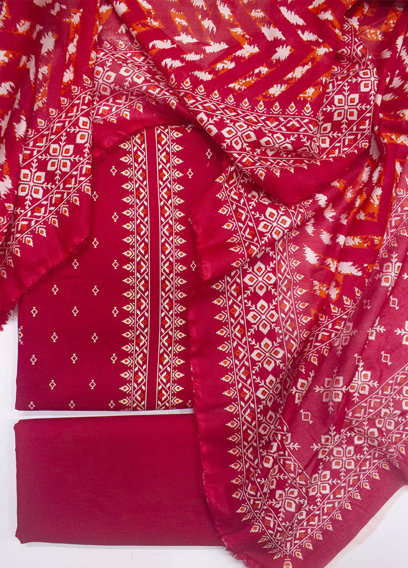 3 Piece Printed Red Color Unstitched Suit