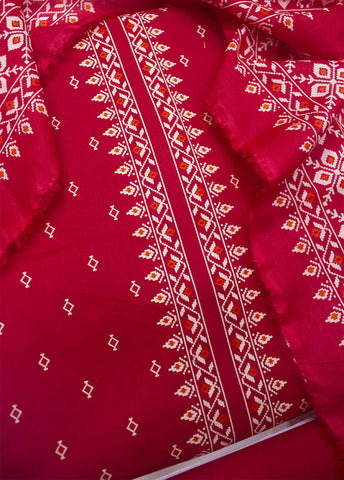 3 Piece Printed Red Color Unstitched Suit