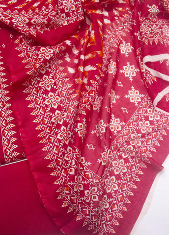 3 Piece Printed Red Color Unstitched Suit