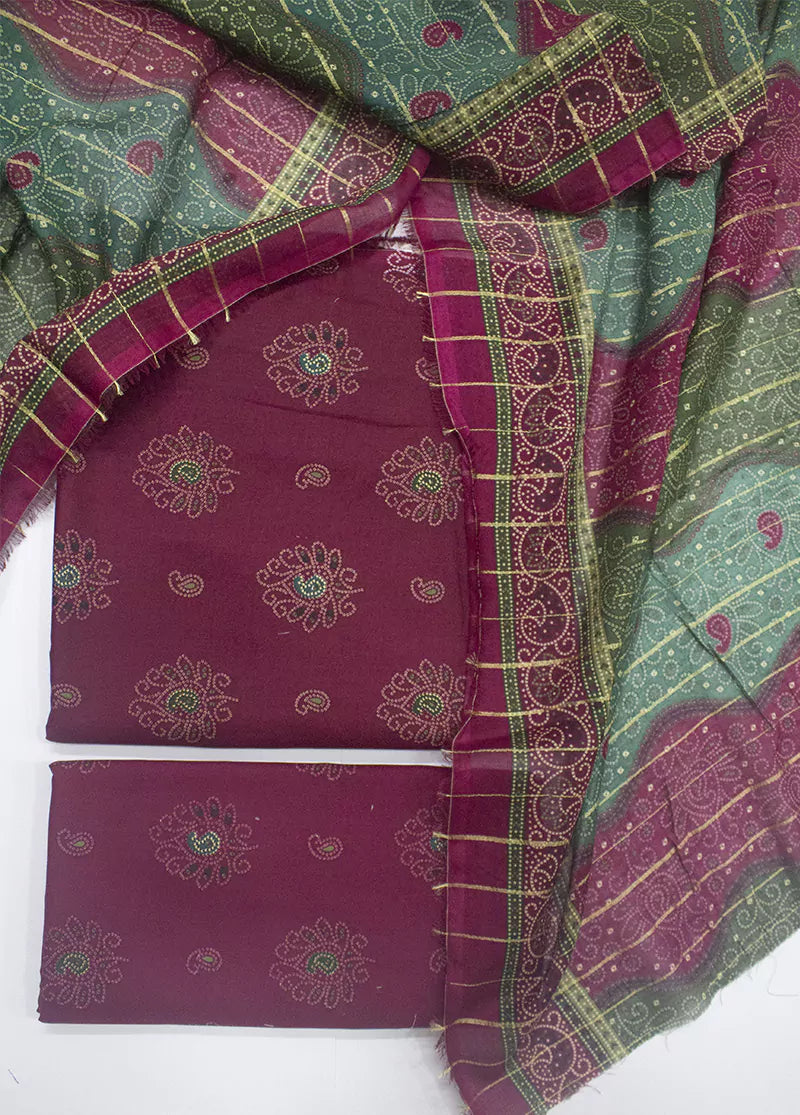 3 Piece Printed Maroon Color Unstitched Suit