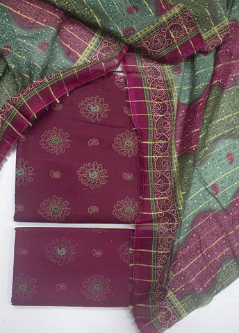 3 Piece Printed Maroon Color Unstitched Suit