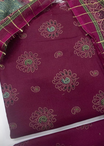3 Piece Printed Maroon Color Unstitched Suit
