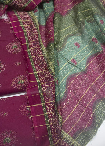 3 Piece Printed Maroon Color Unstitched Suit