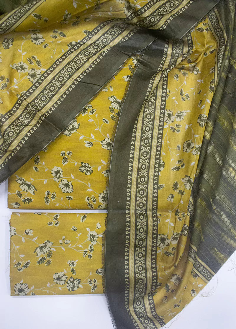 3 Piece Printed Yellow Color Unstitched Suit