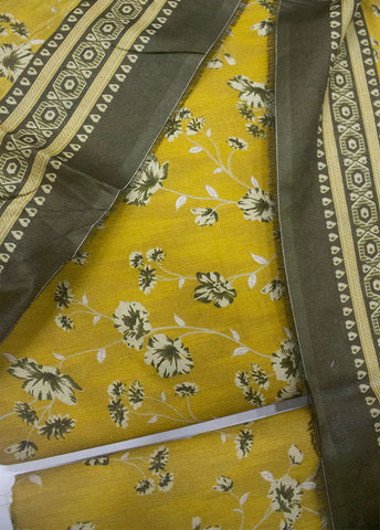 3 Piece Printed Yellow Color Unstitched Suit
