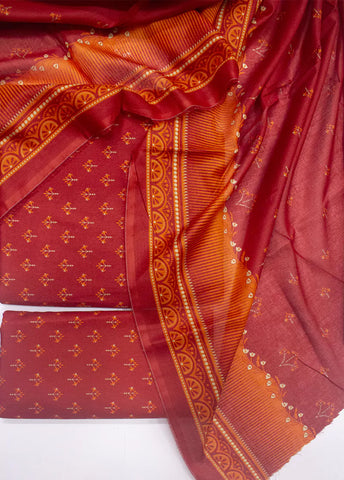 3 Piece Printed Red Color Unstitched Suit