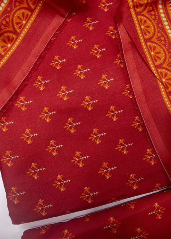 3 Piece Printed Red Color Unstitched Suit