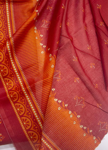 3 Piece Printed Red Color Unstitched Suit