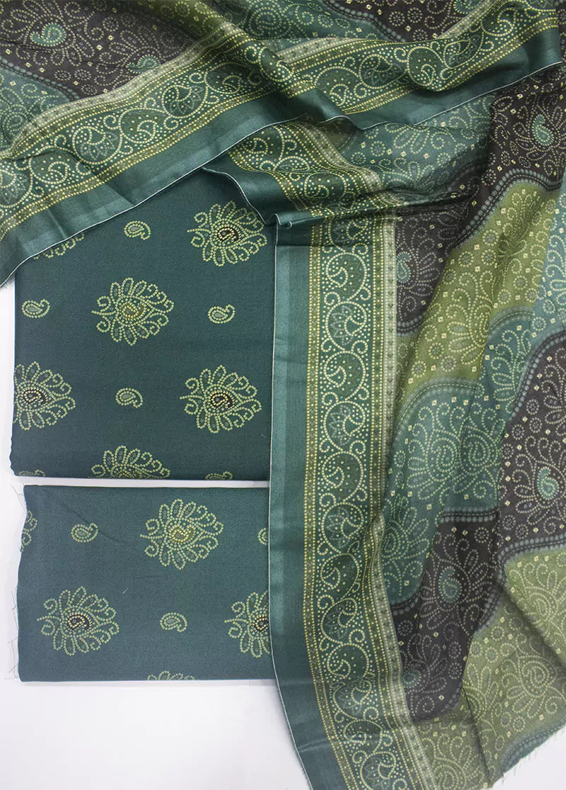 3 Piece Printed Teal Color Unstitched Suit