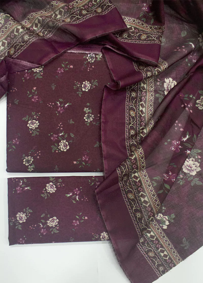3 Piece Printed Maroon Color Unstitched Suit