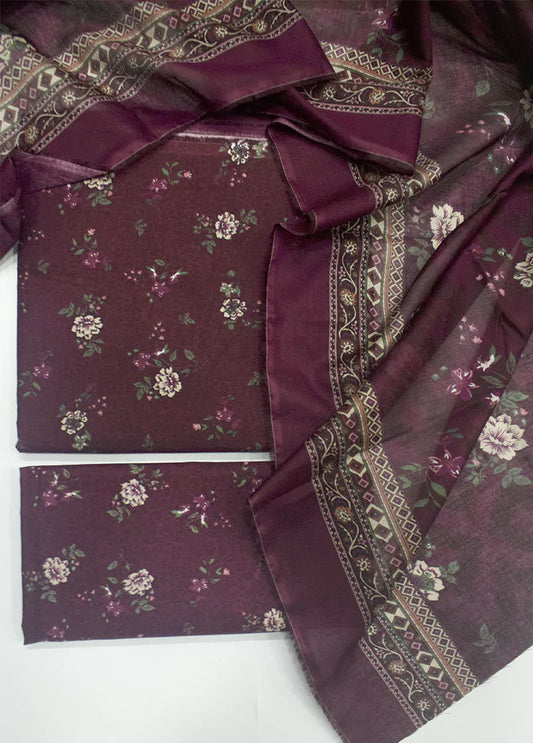 3 Piece Printed Maroon Color Unstitched Suit