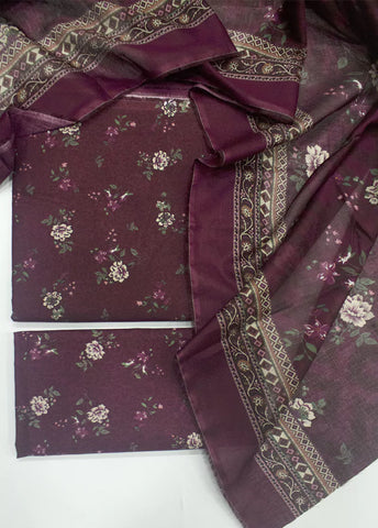 3 Piece Printed Maroon Color Unstitched Suit