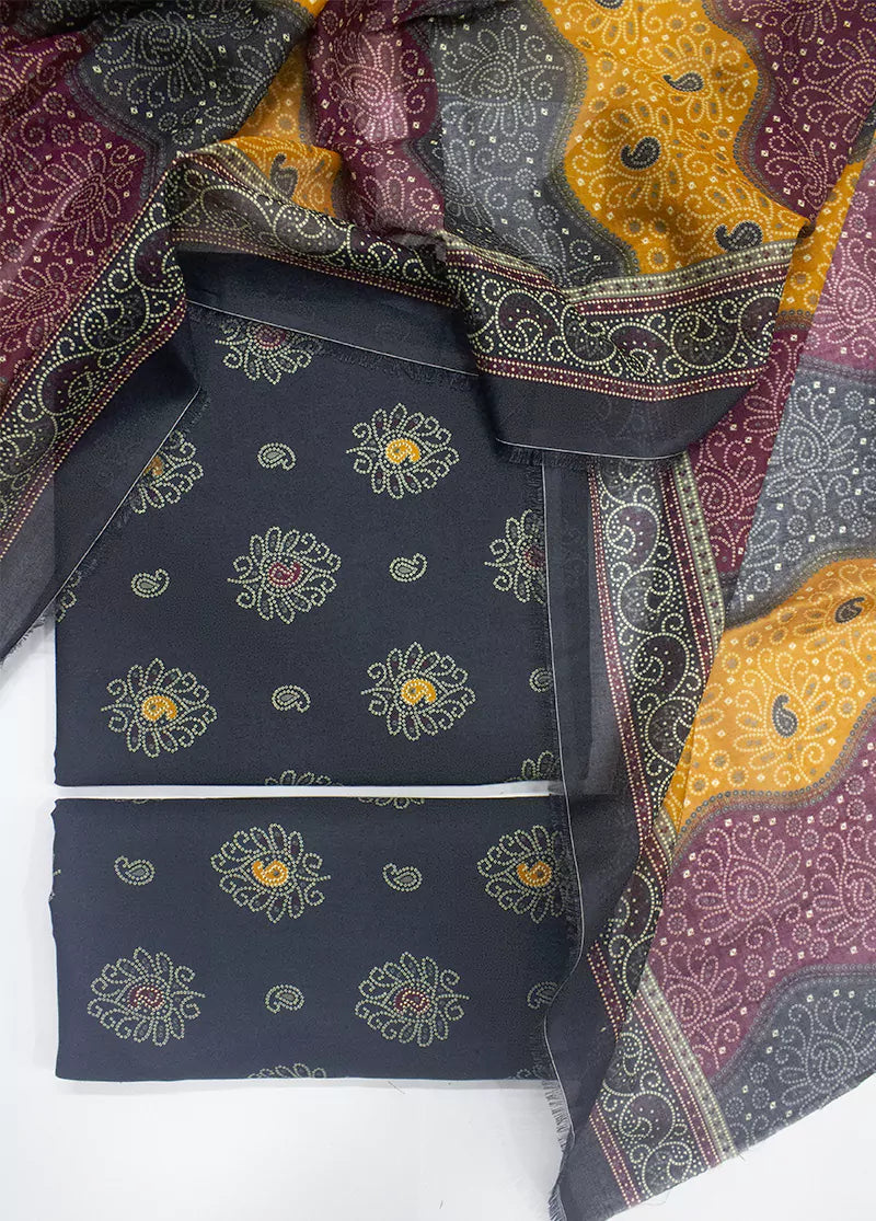 3 Piece Printed Navy Blue Color Unstitched Suit