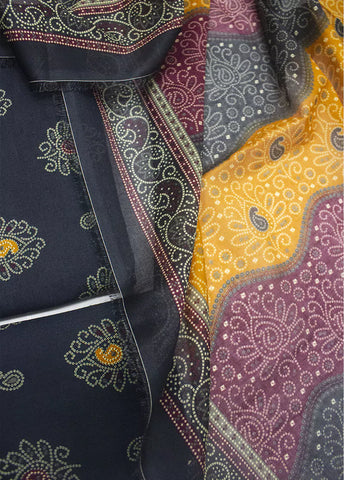 3 Piece Printed Navy Blue Color Unstitched Suit