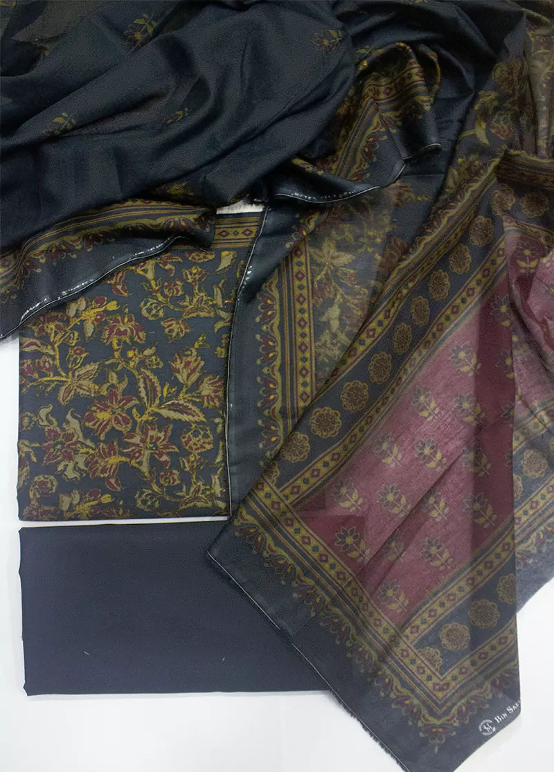 3 Piece Printed Teal Color Unstitched Suit