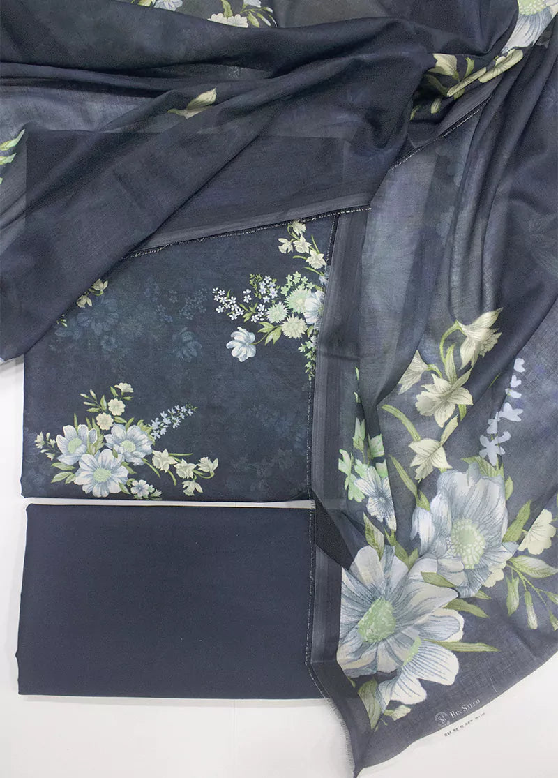 3 Piece Printed Navy Blue Color Unstitched Suit