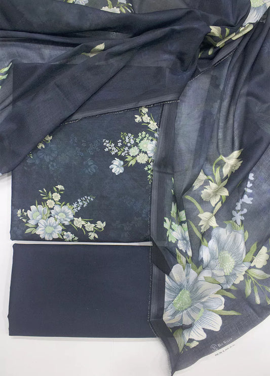 3 Piece Printed Navy Blue Color Unstitched Suit