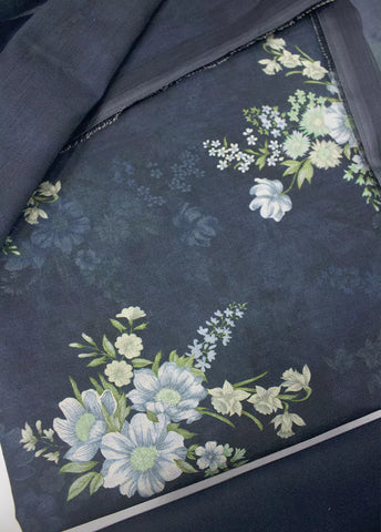 3 Piece Printed Navy Blue Color Unstitched Suit