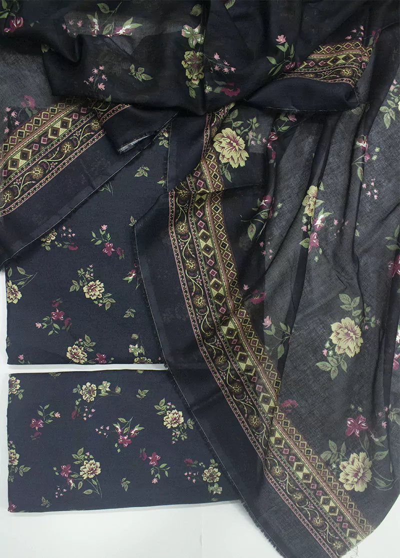 3 Piece Printed Black Color Unstitched Suit