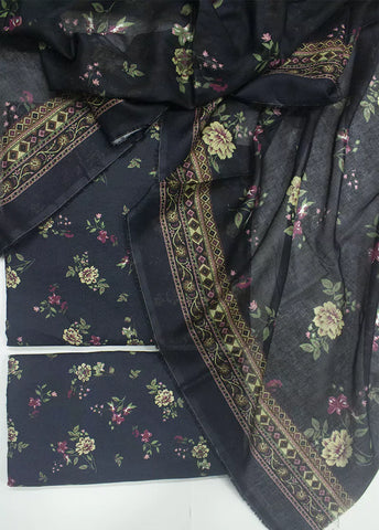 3 Piece Printed Black Color Unstitched Suit