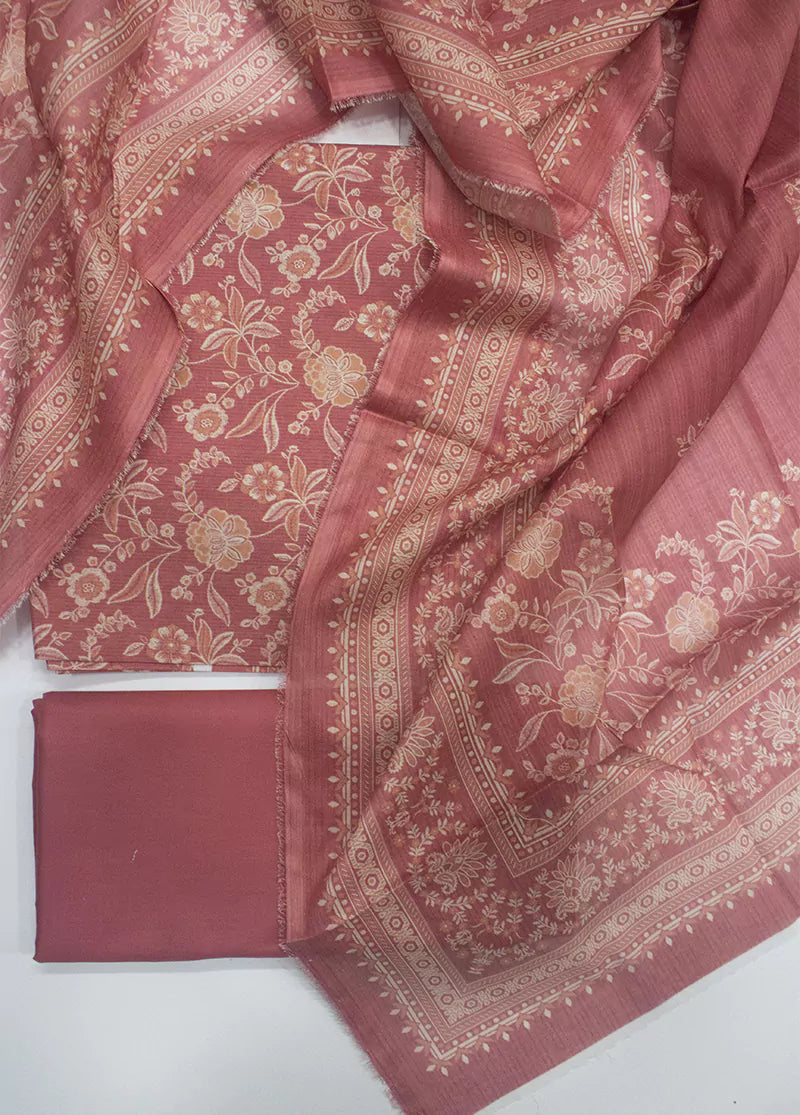 3 Piece Printed Peonny Peach Color Unstitched Suit