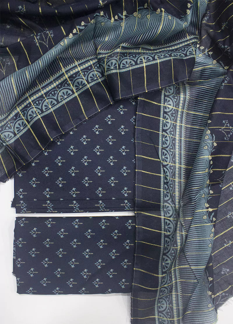3 Piece Printed Navy Blue Color Unstitched Suit