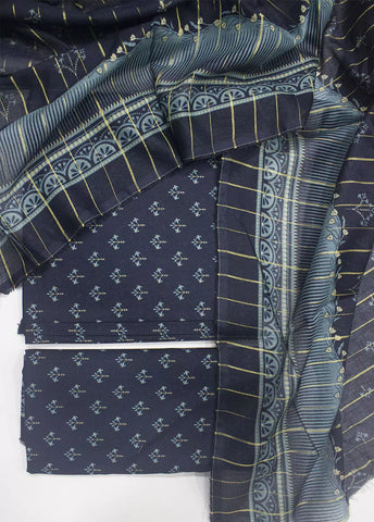 3 Piece Printed Navy Blue Color Unstitched Suit