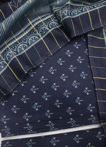 3 Piece Printed Navy Blue Color Unstitched Suit