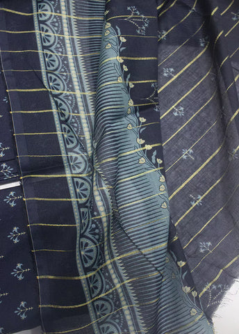 3 Piece Printed Navy Blue Color Unstitched Suit