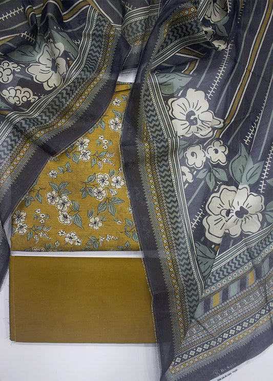 3 Piece Printed Mustard Color Unstitched Suit