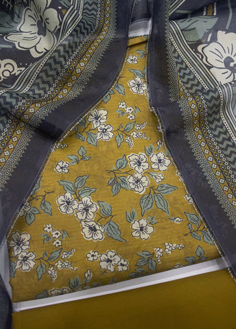3 Piece Printed Mustard Color Unstitched Suit