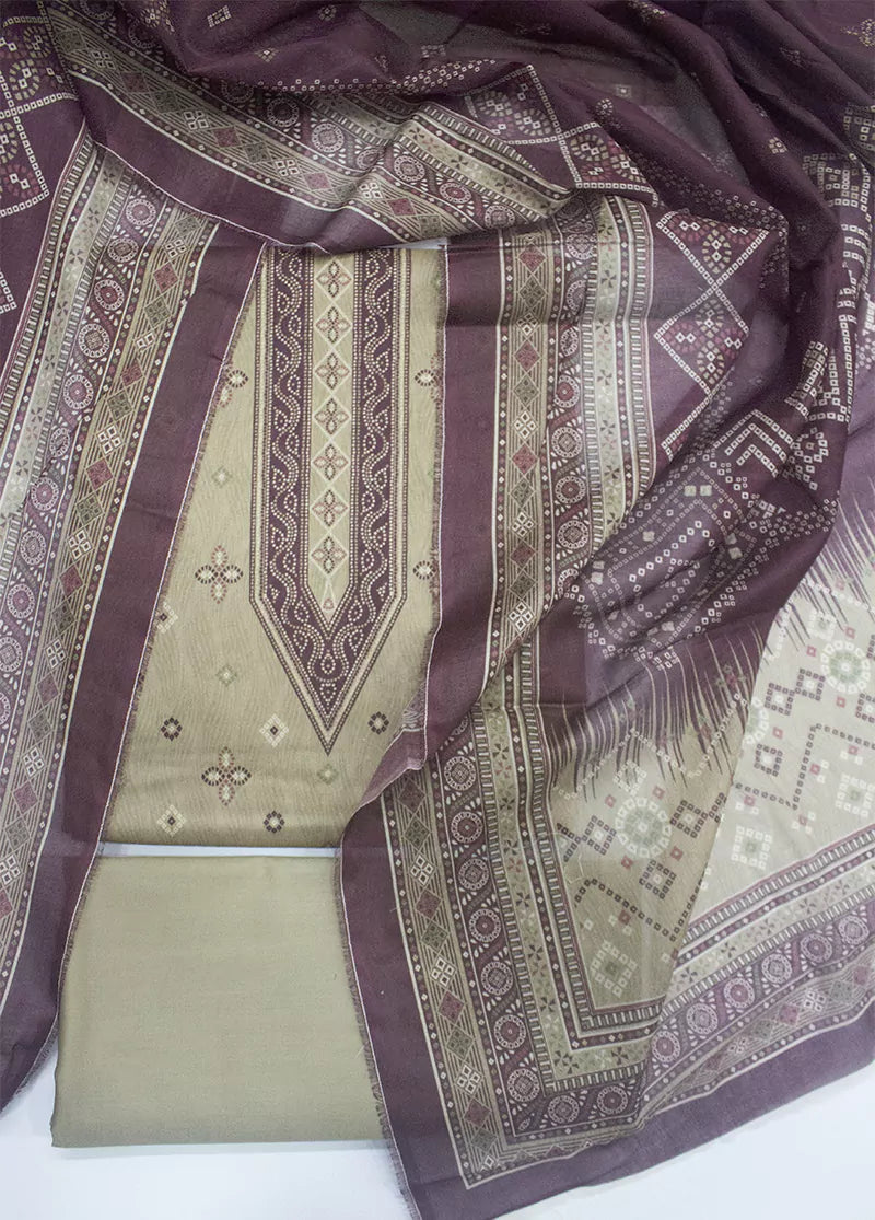 3 Piece Printed Beige Color Unstitched Suit