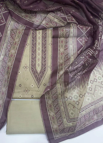 3 Piece Printed Beige Color Unstitched Suit