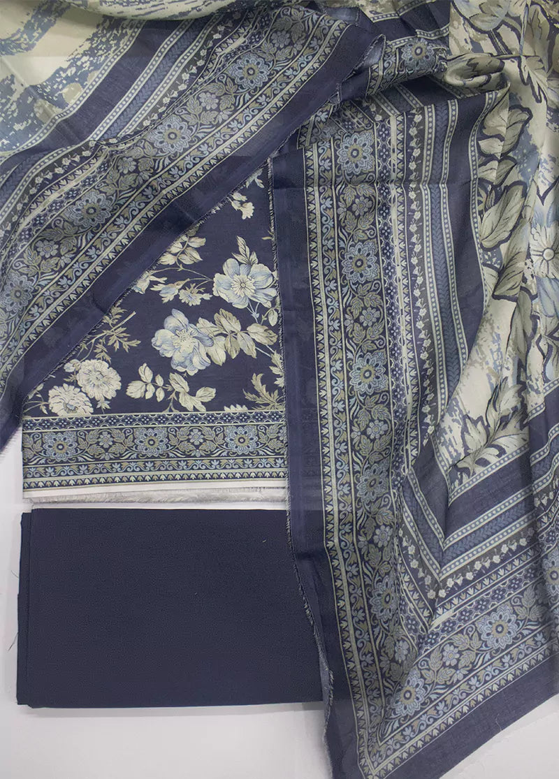 3 Piece Printed Navy Blue Color Unstitched Suit