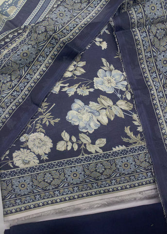 3 Piece Printed Navy Blue Color Unstitched Suit