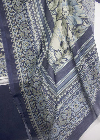 3 Piece Printed Navy Blue Color Unstitched Suit