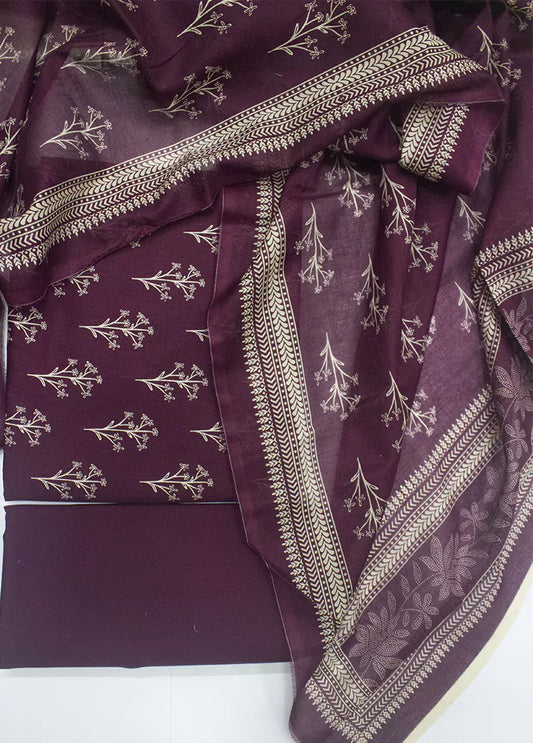3 Piece Printed Maroon Color Unstitched Suit