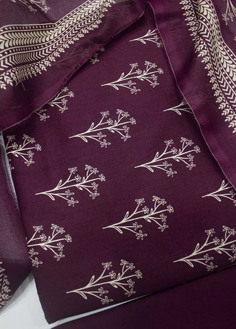 3 Piece Printed Maroon Color Unstitched Suit