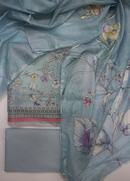 3 Piece Printed Pastel Blue Color Unstitched Suit