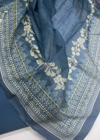 3 Piece Printed Blue Color Unstitched Suit