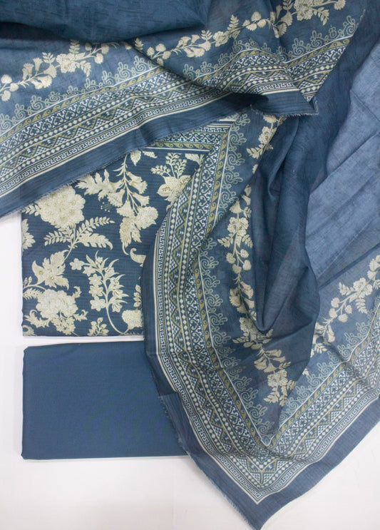 3 Piece Printed Blue Color Unstitched Suit