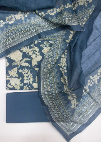 3 Piece Printed Blue Color Unstitched Suit