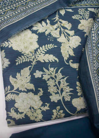 3 Piece Printed Blue Color Unstitched Suit