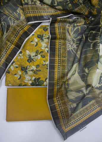 3 Piece Printed Mustard Color Unstitched Suit