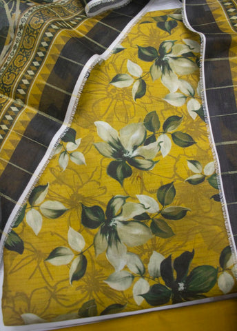 3 Piece Printed Mustard Color Unstitched Suit