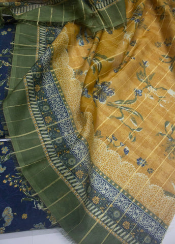 3 Piece Printed Royal Blue Color Unstitched Suit