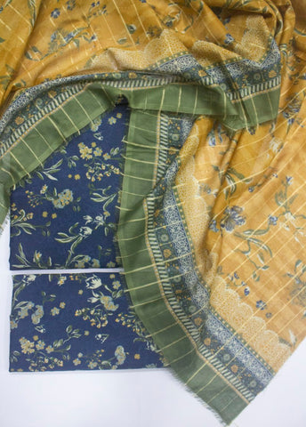 3 Piece Printed Royal Blue Color Unstitched Suit