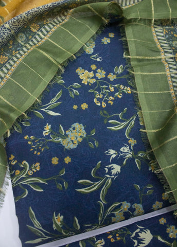 3 Piece Printed Royal Blue Color Unstitched Suit